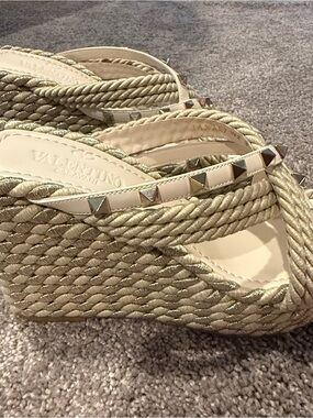 Valentino Gold Rope Platform Wedge Sandals with Pyramid Stud Trim